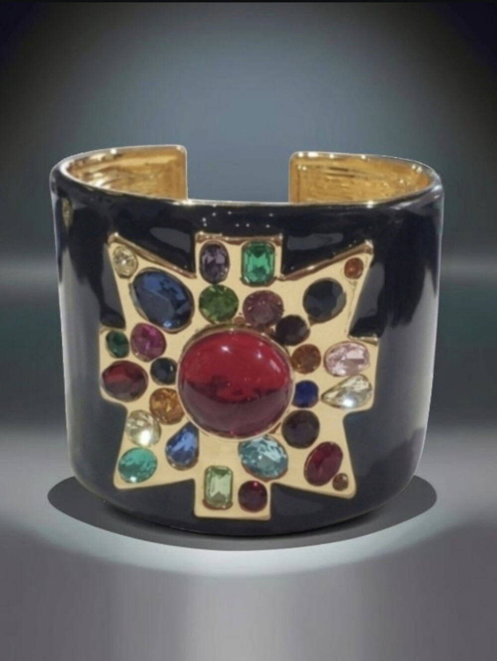 Luxury 18k Gold Plated Maltese Cross Jeweled Enamel Cuff Bracelet